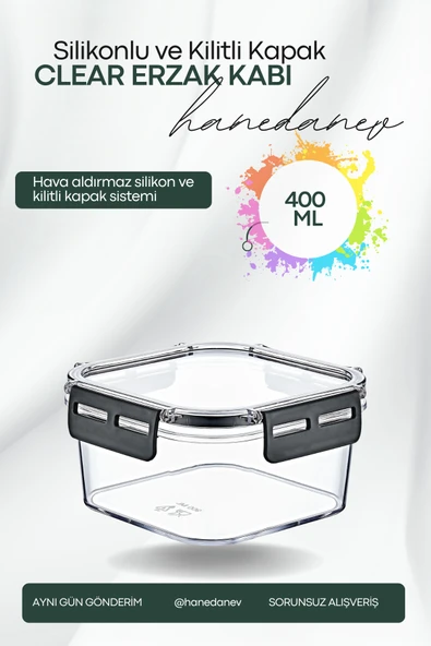 Clear Kare Erzak Kabı - Silikonlu ve Kilitli Kapaklı Saklama Kabı 400 ML 12 x 6,5 Cm