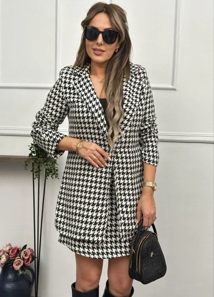 Kadın Kazayağı Desen Vatka Detay Kaban Ve Yüksek Bel Etek Ikili Takım - Resim 10