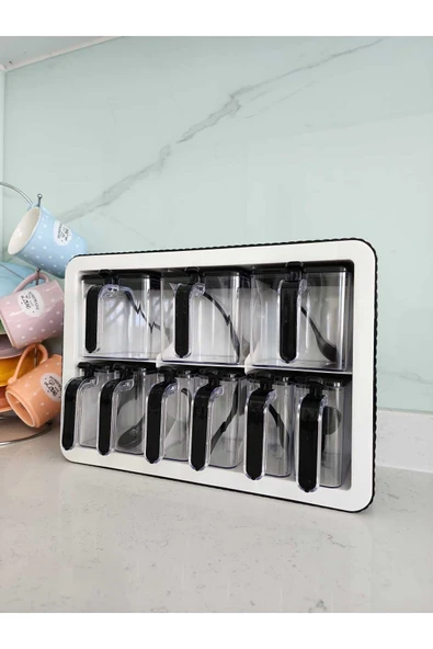 9'lu Baharatlık Takımı Standlı Kendinden Yapışkanlı Kaşıklı ve Kapaklı Baharatlık Seti - 4