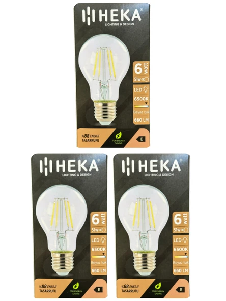 (3 Adet) Heka 6W (51W) 6500K (Beyaz Işık) E27 Duylu (Kalın Duy) Led Şeffaf Ampul ürün görseli