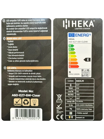 (1 Adet) Heka 6W (51W) 6500K (Beyaz Işık) E27 Duylu (Kalın Duy) Led Şeffaf Ampul - Resim 3