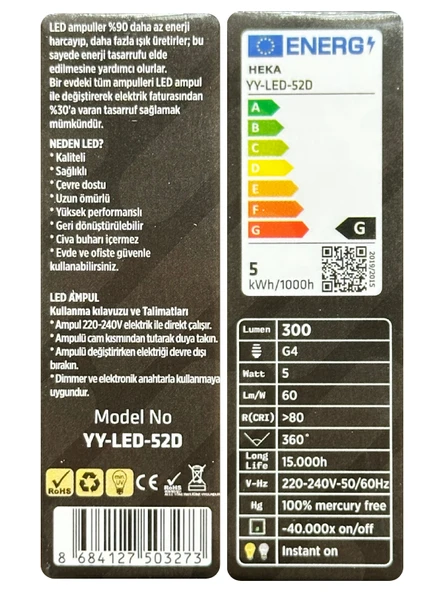 (6 Adet) Heka 5W (35W) 3000K (Sarı Işık) G4 Duylu Dim Edilebilir Led Kapsül Ampul - Resim 4