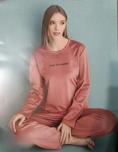 Mihra Kadın Kışlık Bisiklet Yaka Kadife Pijama Takımı 13166P - 1 Adet  2XL Pudra - Resim 3