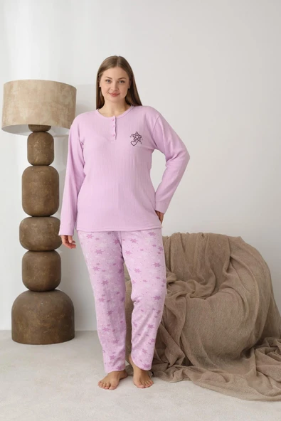 Lindros Kadın Pamuk'lu Düğme Yaka Raporlu İnterlok KIŞLIK Battal Pijama Takımı 05164 - 1 Adet   4XL Gül Kurusu - Resim 2