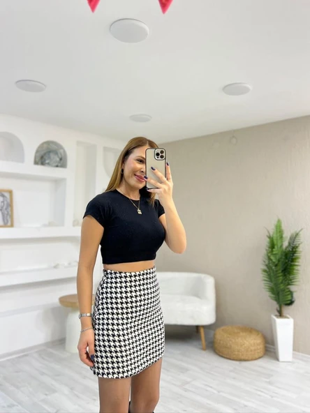 Kadın Kazayağı Desen Vatka Detay Kaban Ve Yüksek Bel Etek Ikili Takım - Resim 3