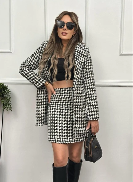 Kadın Kazayağı Desen Vatka Detay Kaban Ve Yüksek Bel Etek Ikili Takım - Resim 6