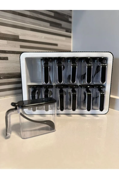 12'li Baharatlık Takımı Standlı Kendinden Yapışkanlı Kaşıklı ve Kapaklı Baharatlık Seti - 5