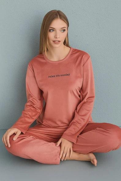 Mihra Kadın Kışlık Bisiklet Yaka Kadife Pijama Takımı 13166P - 1 Adet  2XL Pudra ürün görseli 1