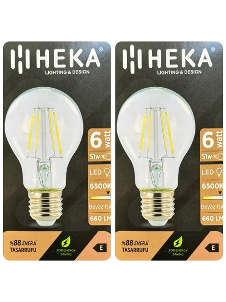 (2 Adet) Heka 6W (51W) 6500K (Beyaz Işık) E27 Duylu (Kalın Duy) Led Şeffaf Ampul ürün görseli 1