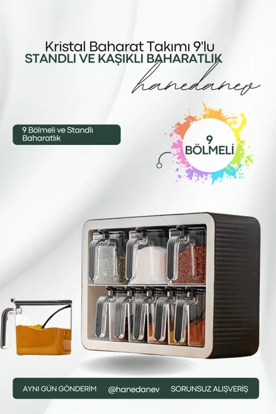 9'lu Baharatlık Takımı Standlı Kendinden Yapışkanlı Kaşıklı ve Kapaklı Baharatlık Seti