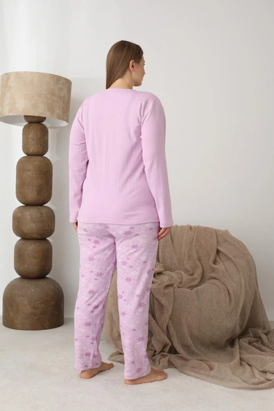 Lindros Kadın Pamuk'lu Düğme Yaka Raporlu İnterlok KIŞLIK Battal Pijama Takımı 05164 - 1 Adet   4XL Gül Kurusu - Resim 3