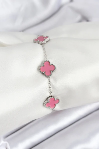 316L Çelik Gümüş Zincir Pembe Renk Yonca Bileklik - TJ-BB7909 ürün görseli