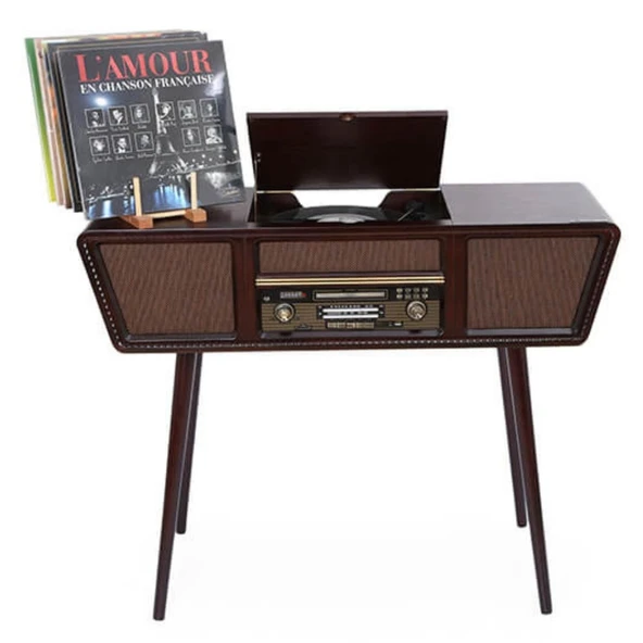 Gramofon Nostaljik Ahşap Standlı Pikap Plak Çalar Radyo Bluetooth Usb 100cm C0999 - 3