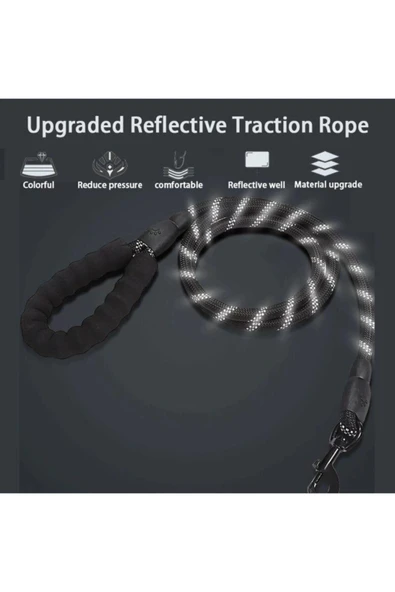 Köpekler İçin Gezdirme Tasması Reflektörlü 130 Cm Halat Orta Ve Büyük Boy Köpekler İçin Siyah - Resim 3