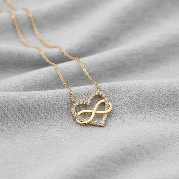925 Ayar Gümüş Taşlı Sonsuzluk ve Kalp Kolye - Resim 2