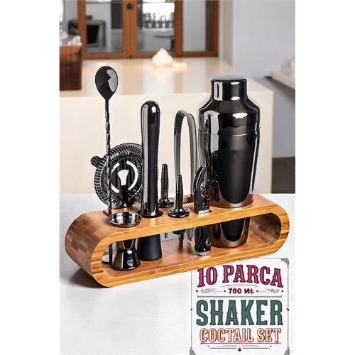 Shaker Kokteyl Set - 10 Parça 750 ML Shaker Coctail Set  Bambu Standlı ürün görseli 1