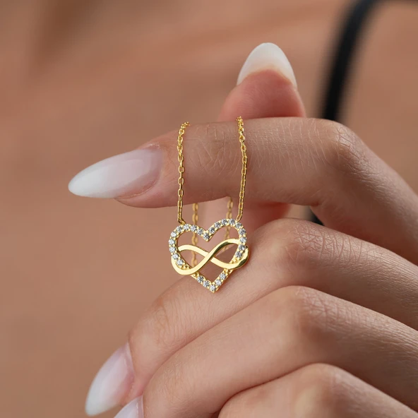 925 Ayar Gümüş Taşlı Sonsuzluk ve Kalp Kolye - Resim 3