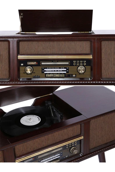 Gramofon Nostaljik Ahşap Standlı Pikap Plak Çalar Radyo Bluetooth Usb 100cm C0999 - 10