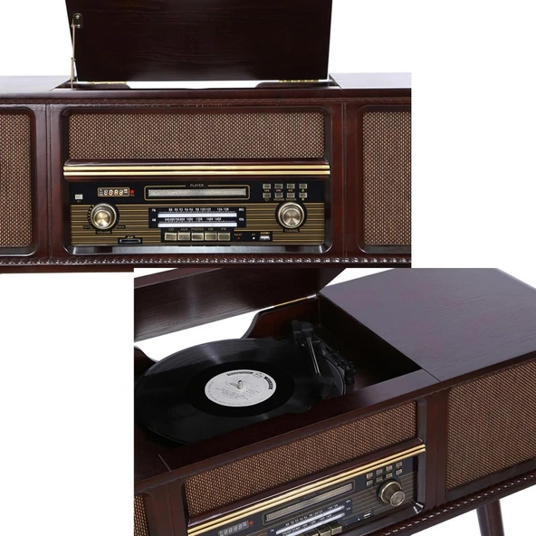 Gramofon Nostaljik Ahşap Standlı Pikap Plak Çalar Radyo Bluetooth Usb 100cm C0999 - 5
