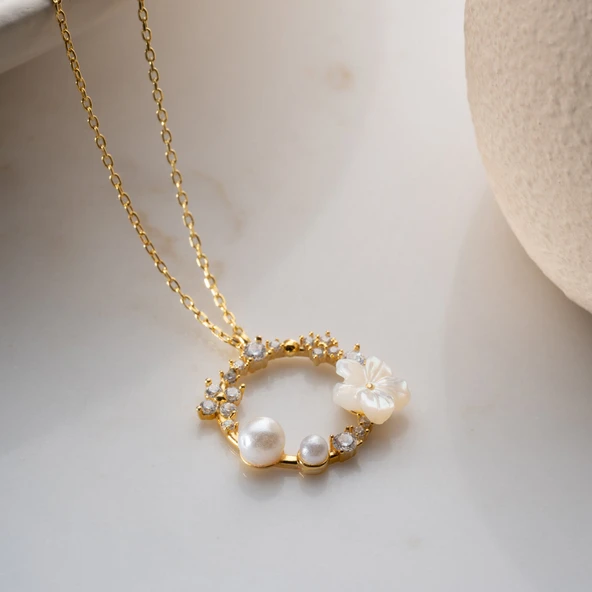 925 Ayar Gümüş Sedef Taşlı İncili Kolye - Resim 5