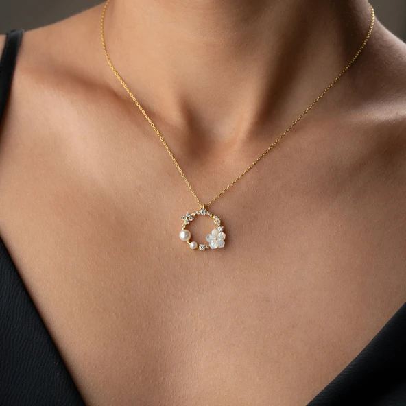 925 Ayar Gümüş Sedef Taşlı İncili Kolye - Resim 2