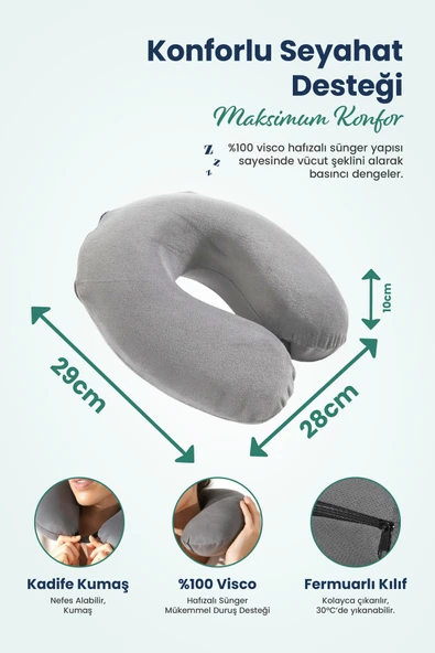 Ortopedik Seyahat Yastığı Visco Boyun Destekli Seyahat Yastığı - Gri - 6