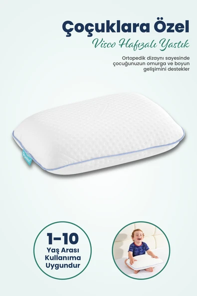Çocuk Ortopedik Visco Yastık 38x26-8 cm | 1-10 Yaş Uyumlu – Boyun Destekli & Yıkanabilir Kılıf
