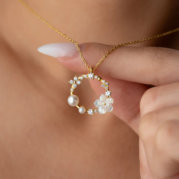 925 Ayar Gümüş Sedef Taşlı İncili Kolye ürün görseli