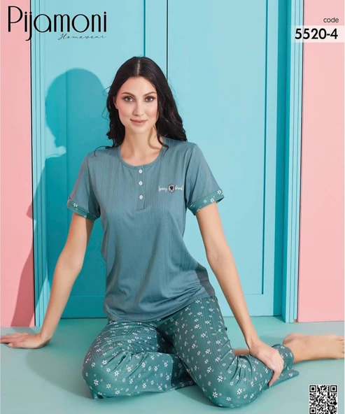 Pijamoni Kadın Viskoz Likralı Düğme Yaka Kaşkorse Patlı Kısa Kol Pijama Takımı 5520-4 / 1 Adet  Yeşil S - M - Resim 2