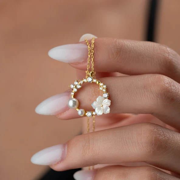 925 Ayar Gümüş Sedef Taşlı İncili Kolye - Resim 4