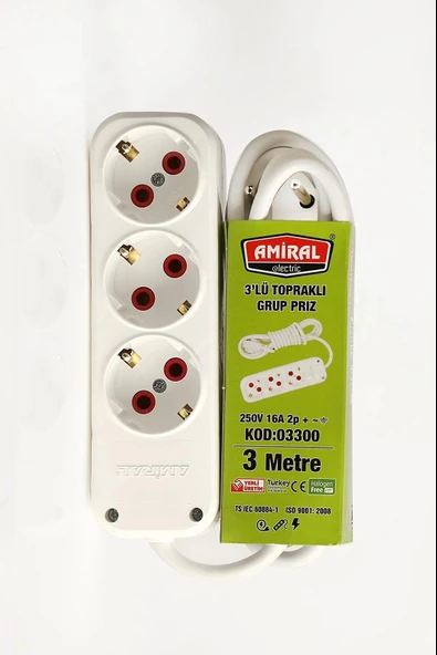 Amiral 3' Lü Topraklı 3 Metre Kablolu Grup Priz ürün görseli 1