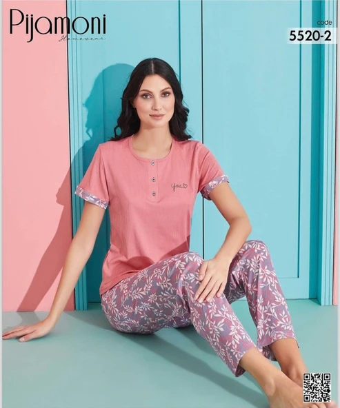 Pijamoni Kadın Viskoz Likralı Düğme Yaka Kaşkorse Patlı Kısa Kol Pijama Takımı 5520-2 / 1 Adet  L Pembe - Resim 2