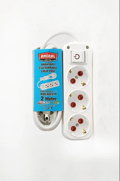 Amiral 3' Lü Topraklı Anahtarlı 2 Metre Kablolu Grup Priz ürün görseli 1