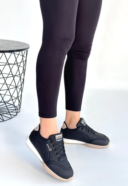 Tawen Siyah Cilt Bej Tabanlı Bağcıklı Spor Ayakkabı - Resim 2