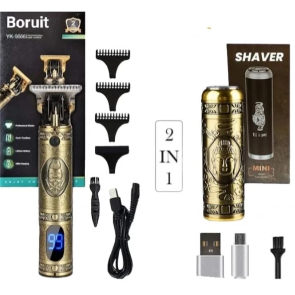 Pro 2 İn 1 Vintage Traş Makinesi Şarjlı Dijital Göstergeli Aliminyum Gövde ürün görseli 1