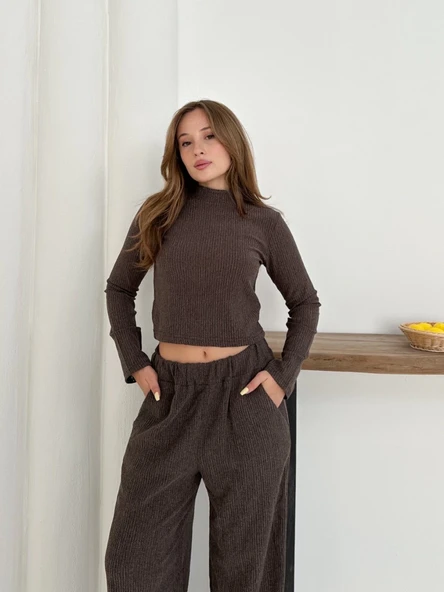 Balıkçı yaka örme takım kahve - 3