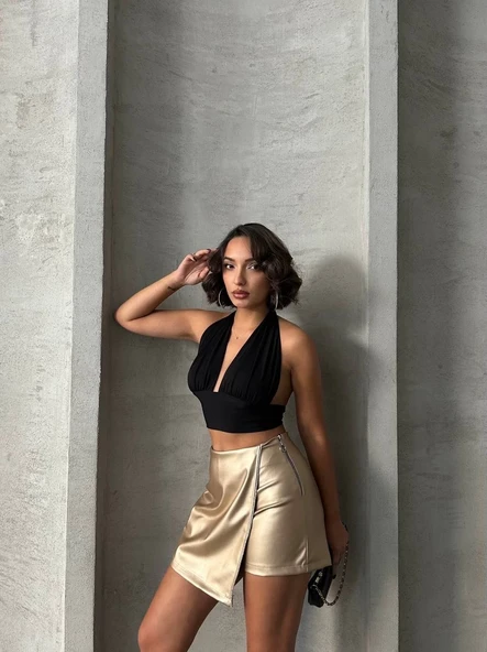 Taşlı şort etek deri gold h240018 - 3