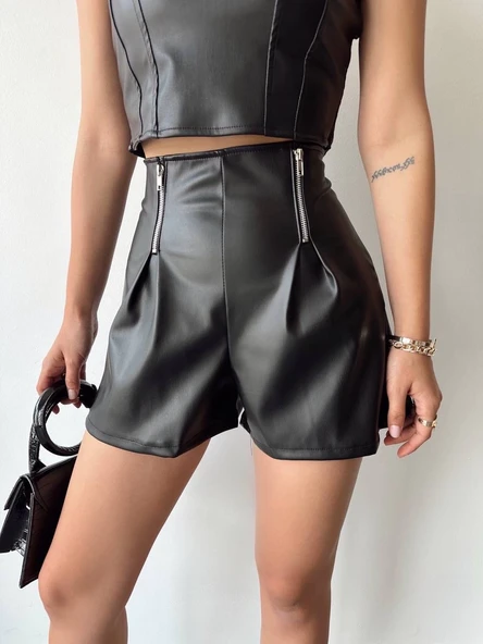 Çift fermuarlı deri şort h24394 - 6