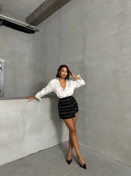 İki düğmeli ch kumaş şort etek siyah h26414 - 3