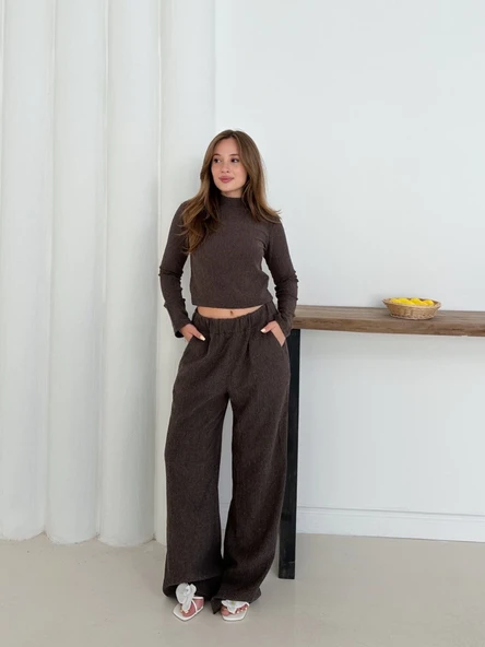 Balıkçı yaka örme takım kahve - 4