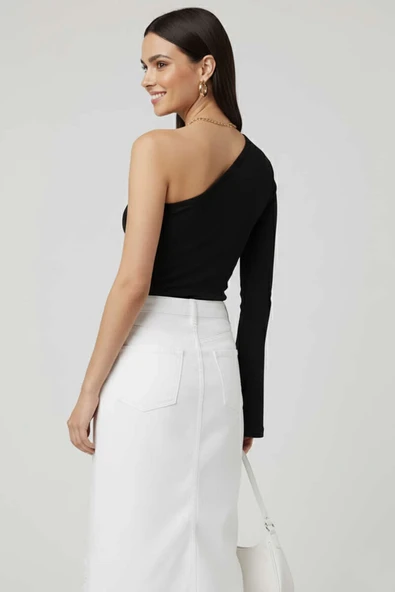 Tek Omuzlu Basic Bluz Siyah - 2