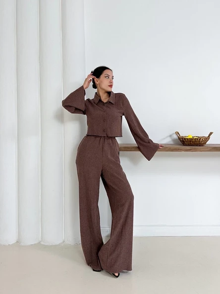 Gömlek yaka kaplama düğmeli takım kahve - 7