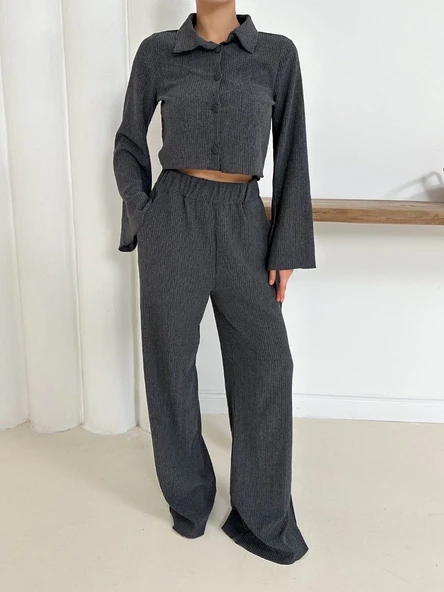 Gömlek yaka kaplama düğmeli takım antrasit - 7