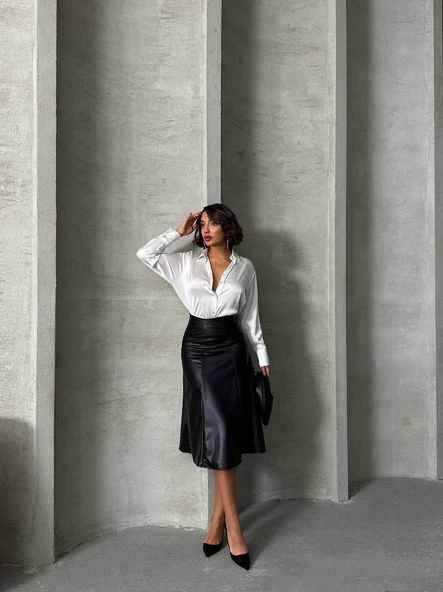 Komple parçalı deri etek siyah h26441 - 10