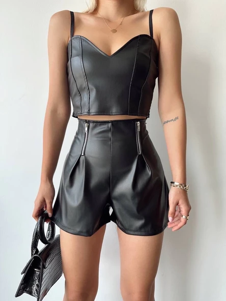 Çift fermuarlı deri şort h24394 - 9