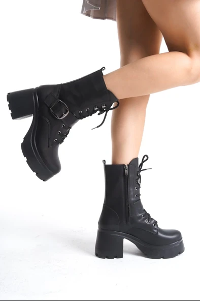 Linma Siyah Cilt Bağcıklı Topuklu Bot - 2