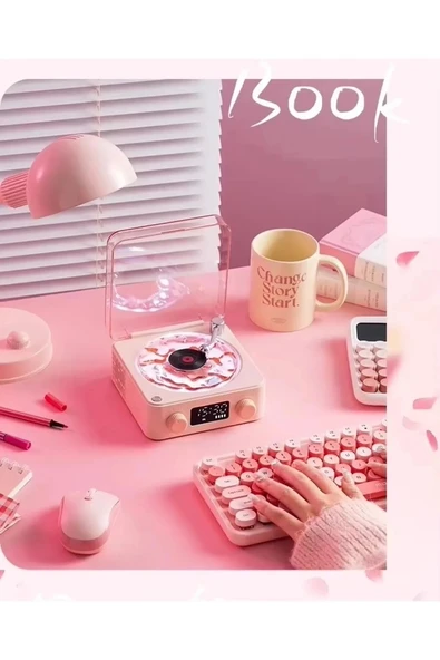 Waves Nostalji Plak Görünümlü Bluetooth Hoparlör 3d Ses Dalgası Retro Müzik Plak Pembe - Resim 5