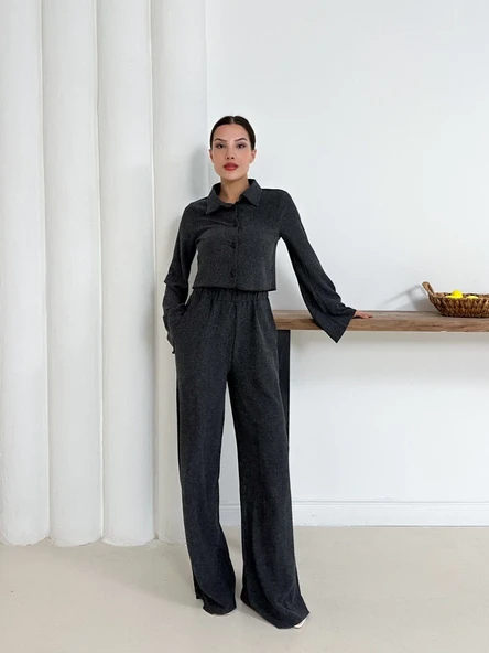 Gömlek yaka kaplama düğmeli takım antrasit