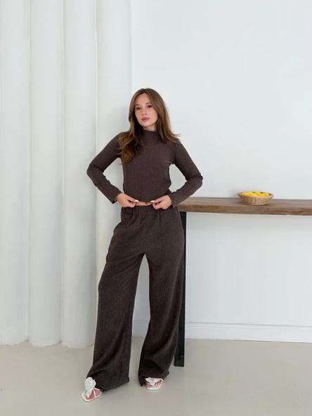 Balıkçı yaka örme takım kahve - 2