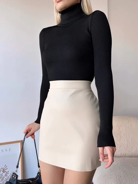 Düz deri etek bej h24468 - 7